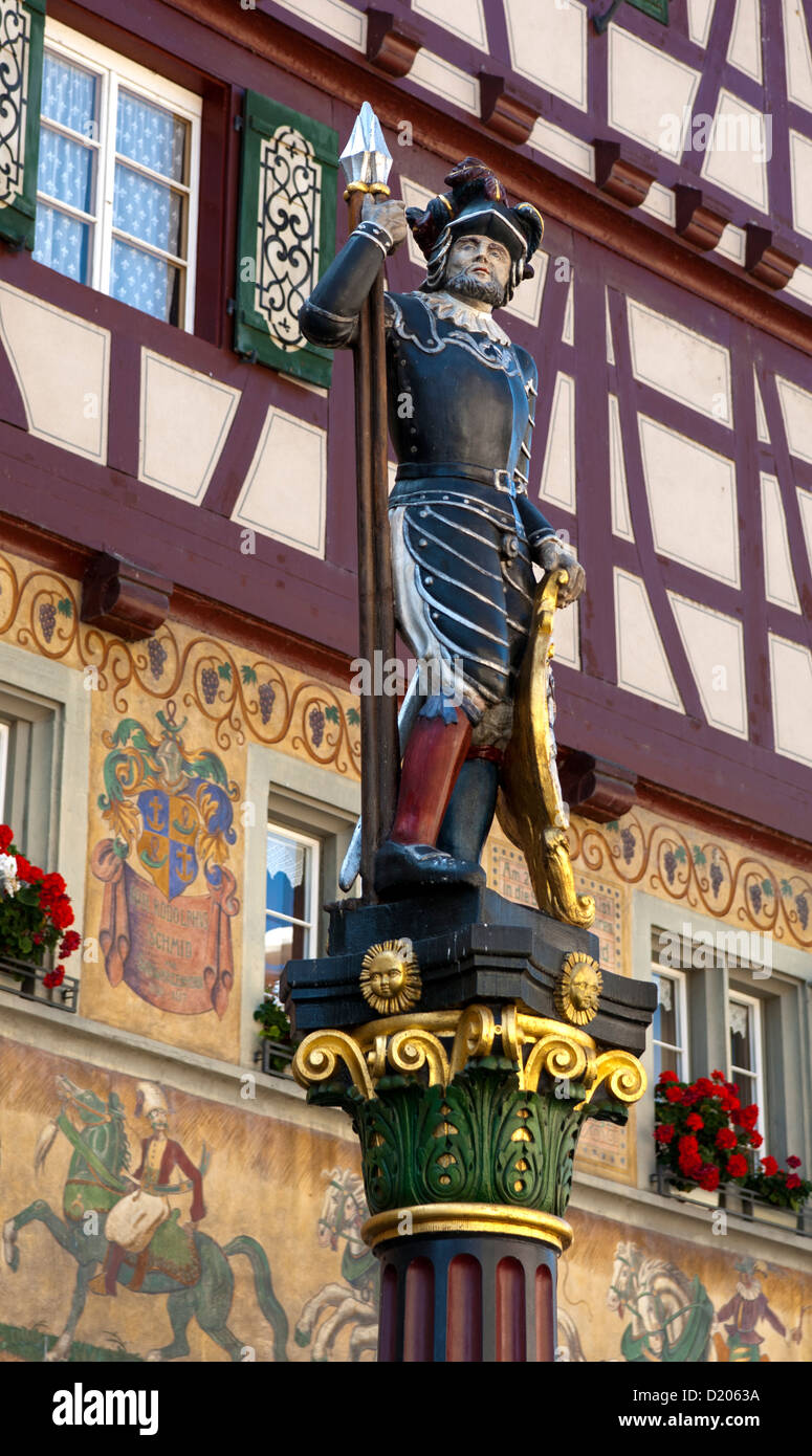 Fountain sculpture of a soldier of the Old Swiss Confederacy on the city fountain, Stein am Rhein, Switzerland Stock Photo