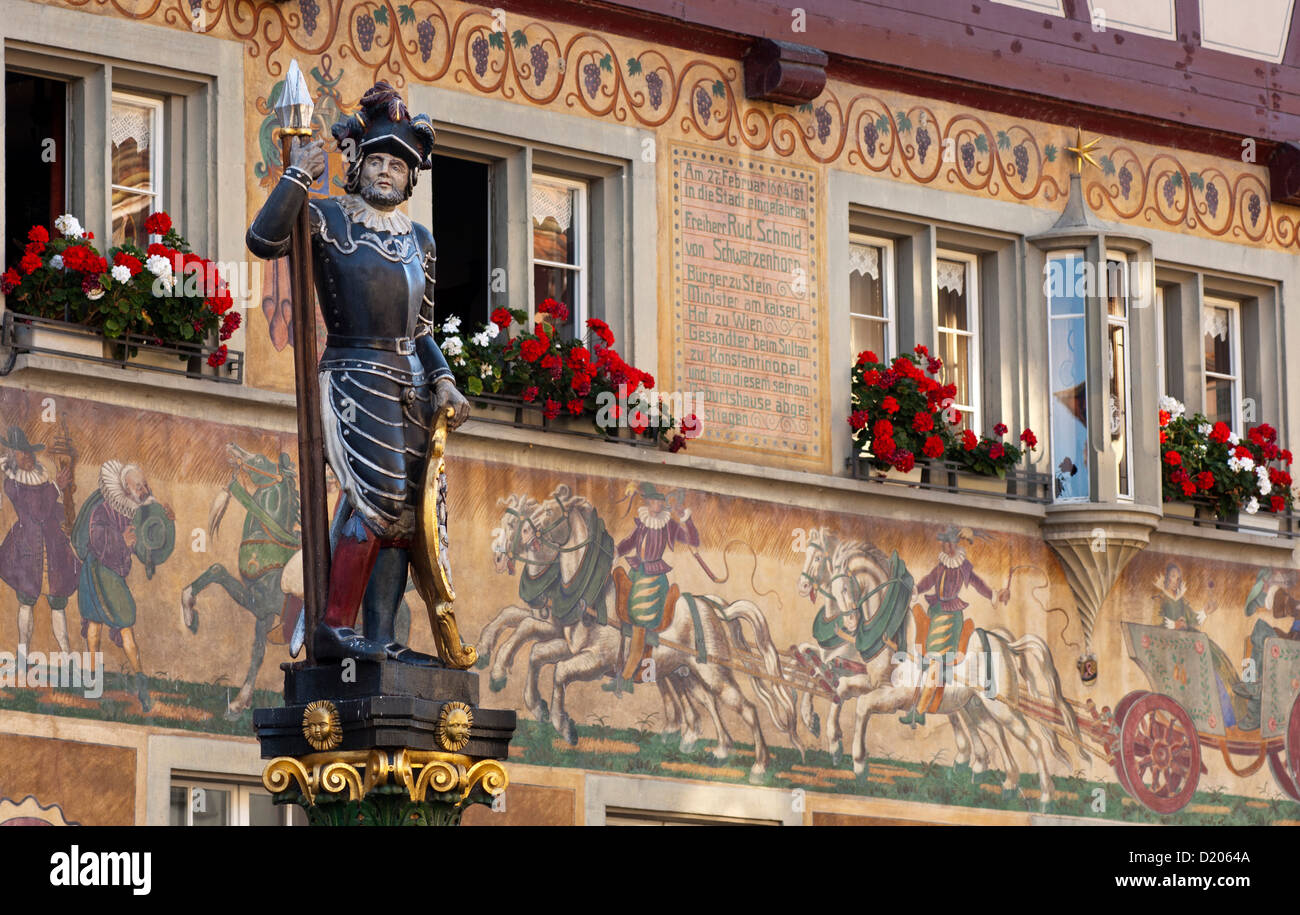 Fountain sculpture of a soldier of the Old Swiss Confederacy on the city fountain, Stein am Rhein, Switzerland Stock Photo