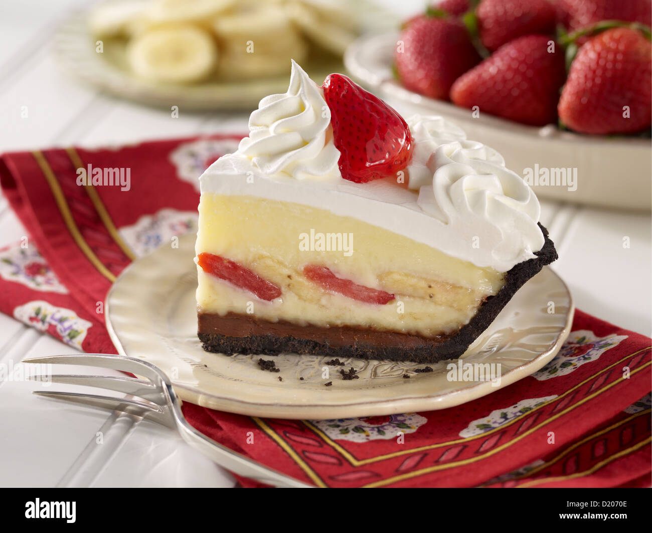 Strawberry Banana Cream Pie Slice Stock Photo