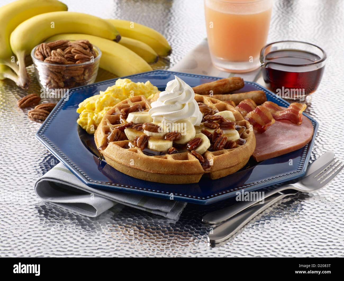 Banana Pecan Waffle Breakfast Stock Photo