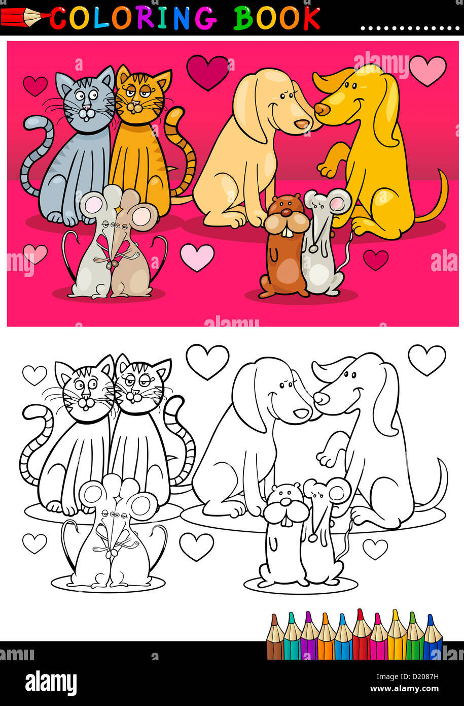 Valentine's Day Themes of Animals or Pets in Love Colorful and Black and White Cartoon Illustrations for Coloring Book Stock Photo