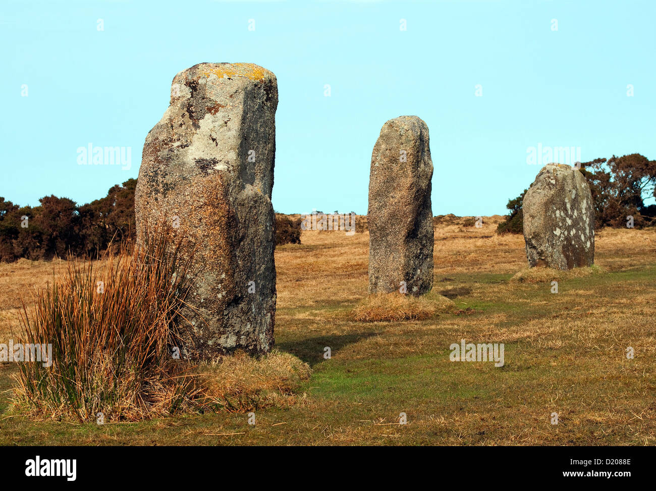 The Hurlers an ancient ring of standing stones on Bodmin Moor in Cornwall, UK Stock Photo