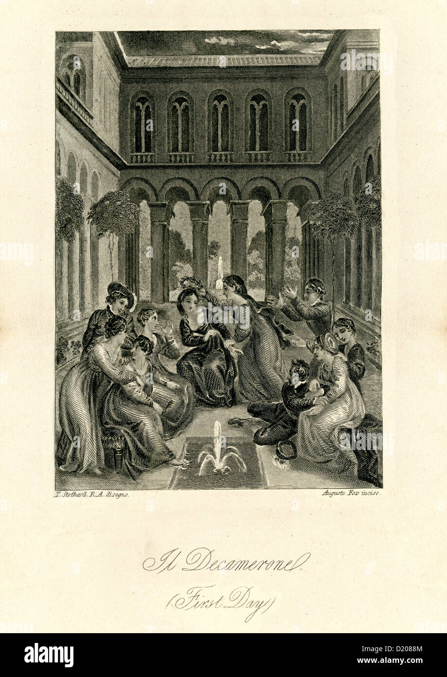 Engraving showing the Tenth day of the Decameron. The Decameron is a 14th-century medieval allegory by Giovanni Boccaccio, Stock Photo