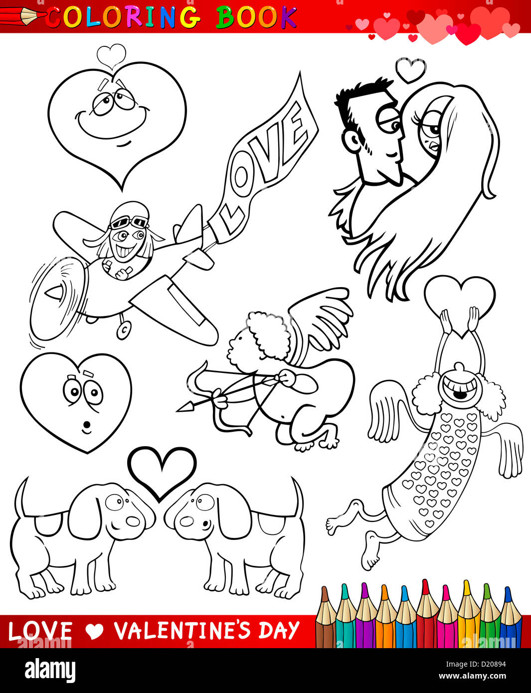 Valentine's Day and Love Themes Collection Set of Black and White Cartoon Illustrations for Coloring Book Stock Photo