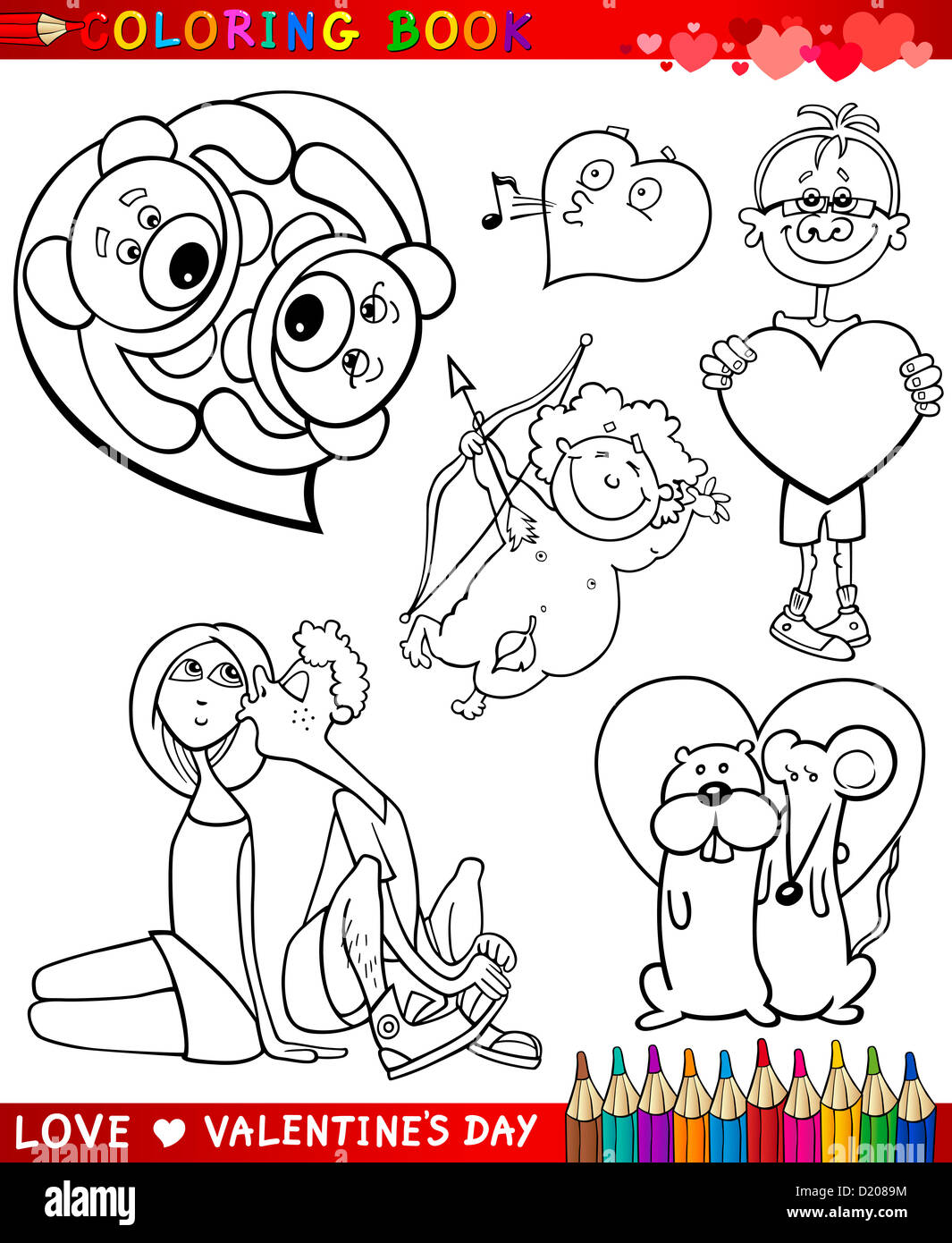 Valentine's Day and Love Themes Collection Set of Black and White Cartoon Illustrations for Coloring Book Stock Photo