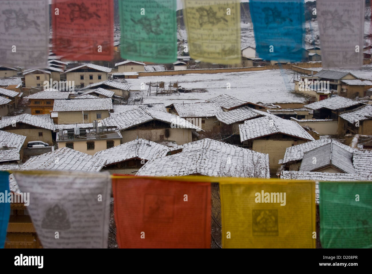 traditional kunming houses in south west China in winter with prayer