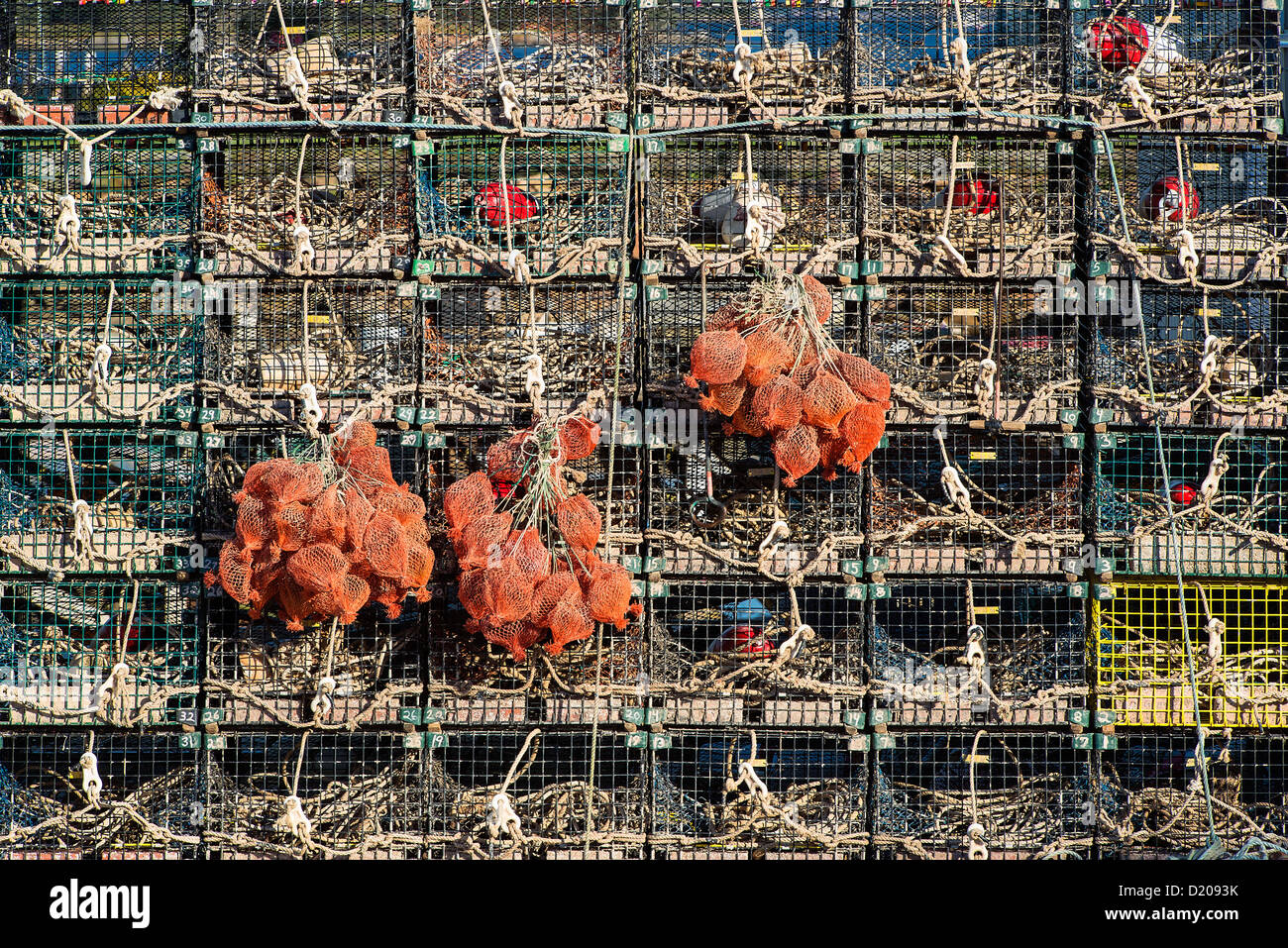 Colorful stack of lobster traps, Jonesport, Maine, USA Stock Photo