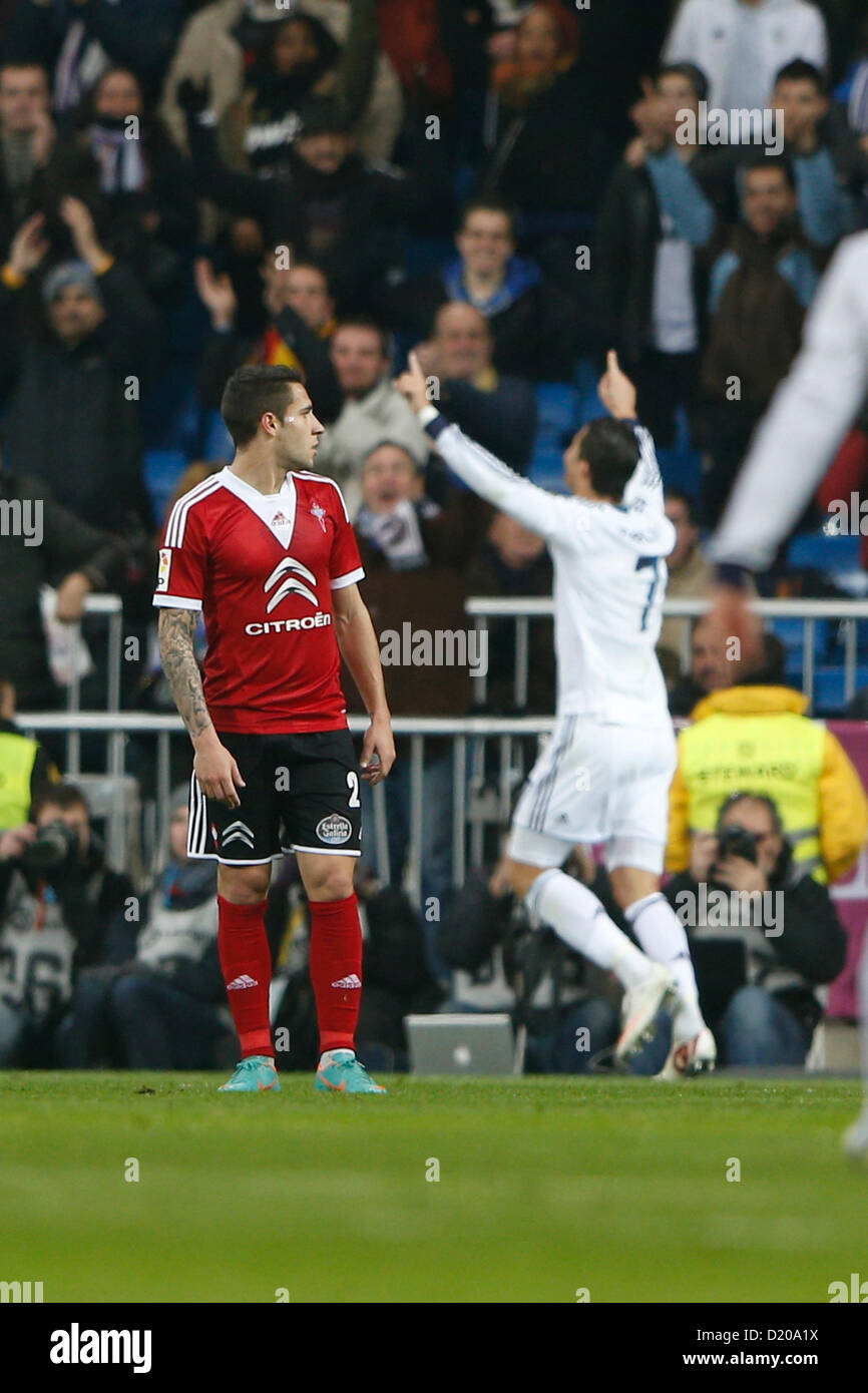 09.01.2013 SPAIN -  Copa del Rey Last 16   match played between Real Madrid CF vs Celta de Vigo (3-0) at Santiago Bernabeu stadium. Cristiano Ronaldo celebrates his hat trick goal Stock Photo