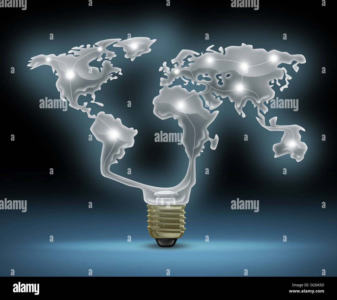 Global innovation symbol with a glowing glass light bulb shaped as the world map representing the business concept of new and future inventions in international technology and design creativity. Stock Photo