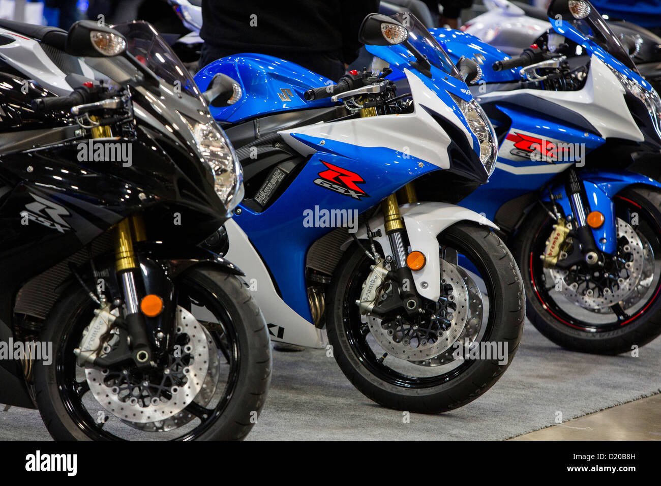 Suzuki motorcycles on display at the Washington Motorcycle Show. Stock Photo