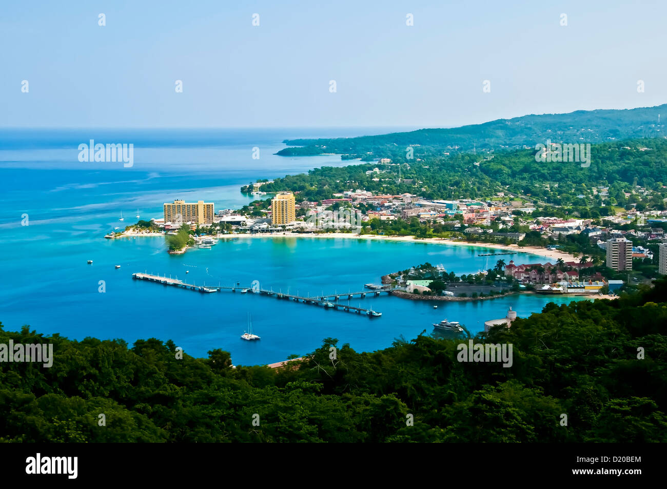 Aerial overview of the city of Ocho Rios showing hotels and beach Ocho Rios Jamaica Stock Photo