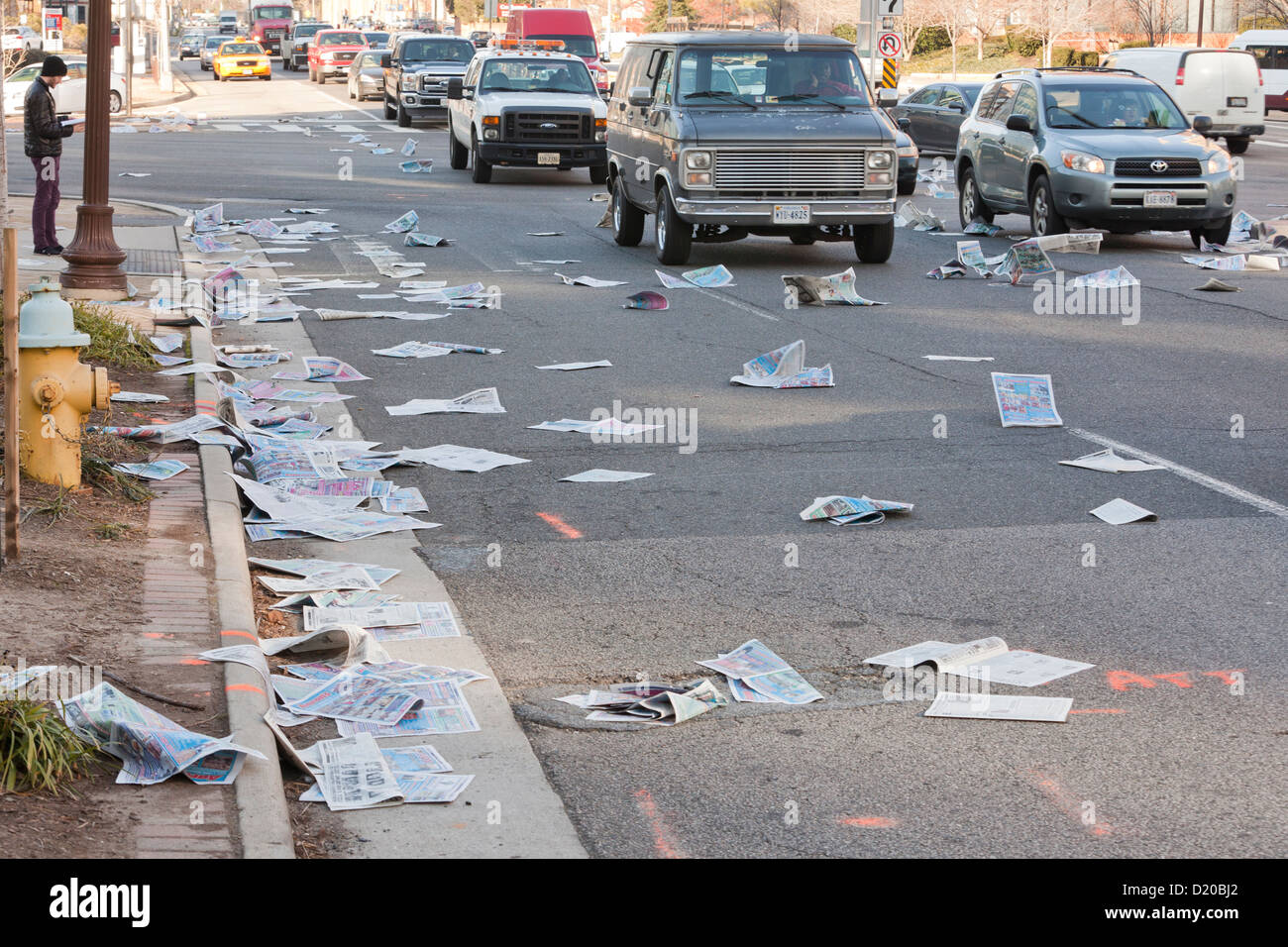 Road littered with newspapers USA Stock Photo Alamy
