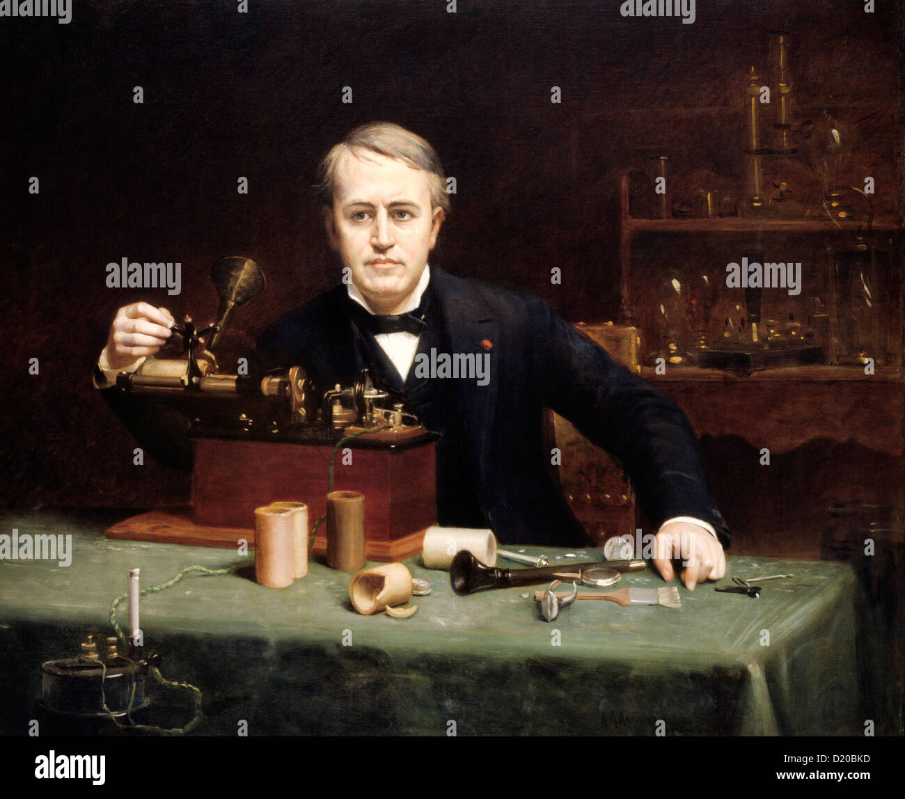 Thomas Alva Edison (1847–1931) and his phonograph. Portrait painting by Abraham Archibald Anderson 1890. Stock Photo