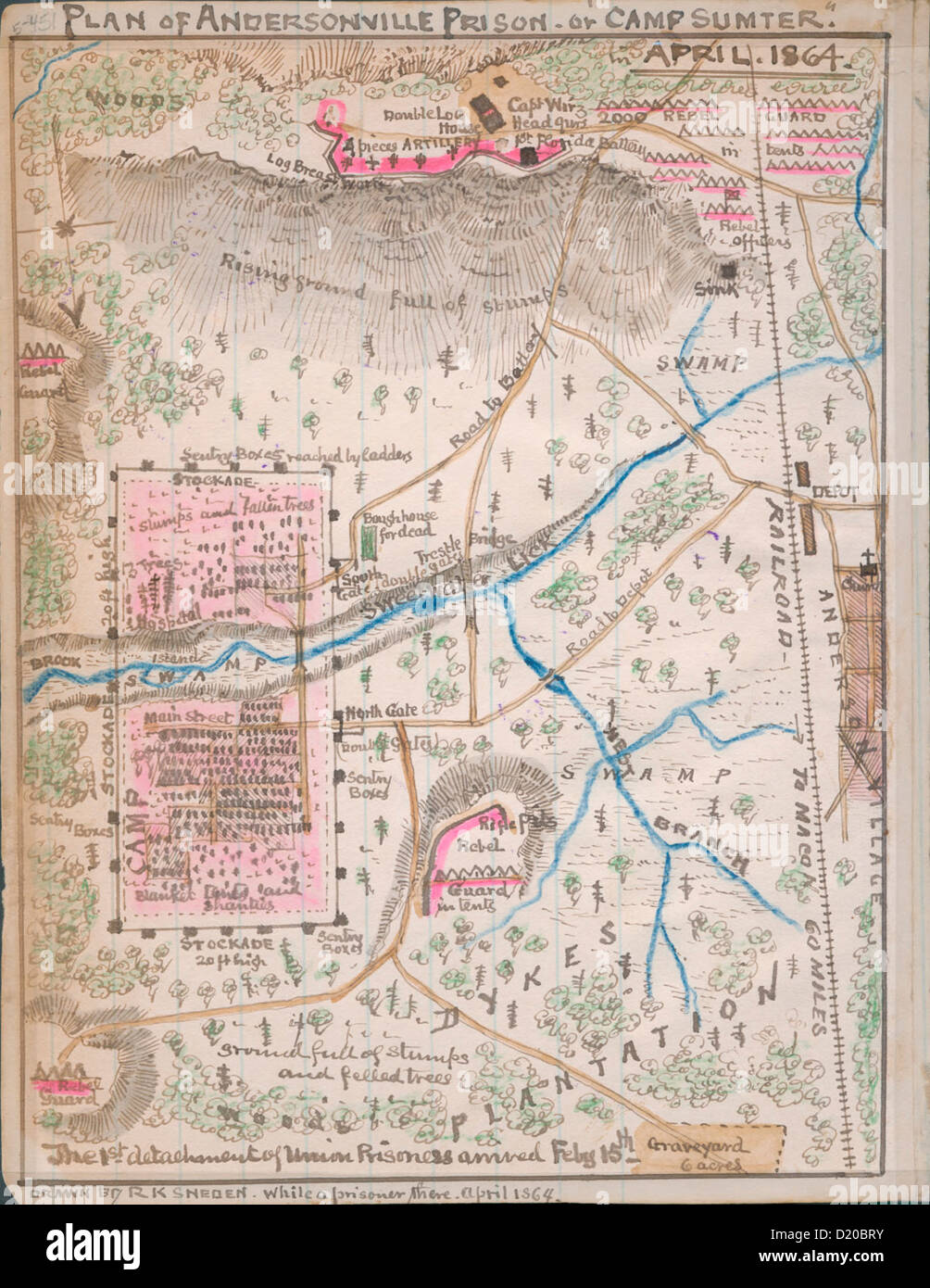 Plan of Andersonville Prison or Camp Sumter April 1864 Stock Photo