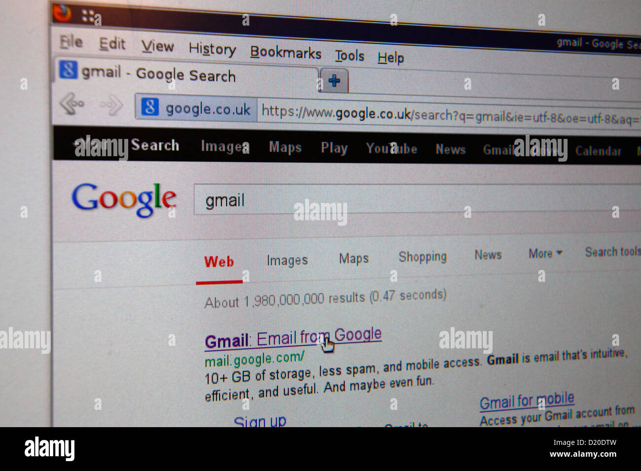 Google search engine with search for gmail googlemail and cursor on link Stock Photo