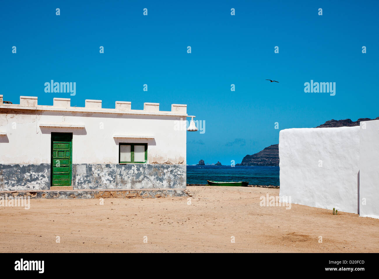 White houses on the waterfront, Caleta del Sebo, Island La Graciosa, Lanzarote, Canary Islands, Spain, Europe Stock Photo