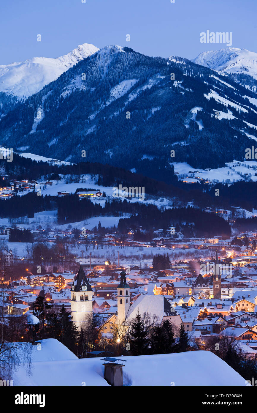 Old Town, panorama in the evening, Parish Church and Liebfrauen Church, Vorderstadt, Kitzbuhel, Tyrol, Austria Stock Photo