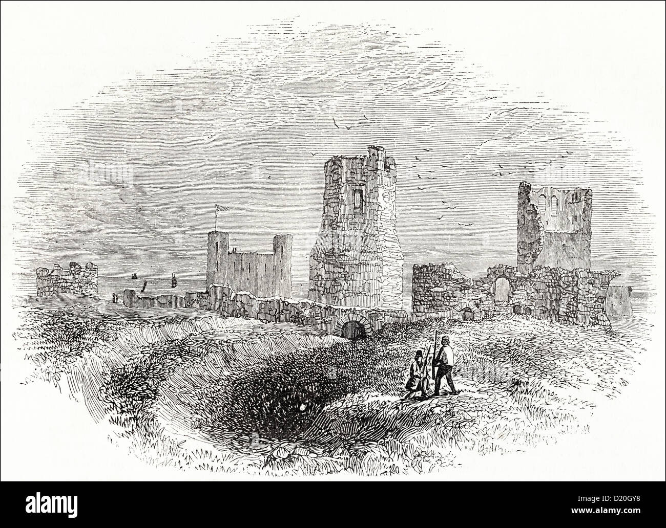 Roman lighthouse, church and ditches at Dover Castle. Victorian woodcut
