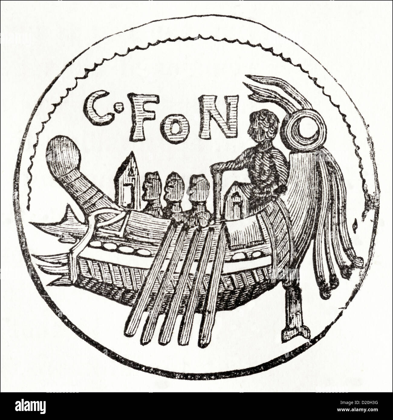Roman coin with galley bearing inscription C FON. Victorian woodcut engraving circa 1845. Stock Photo