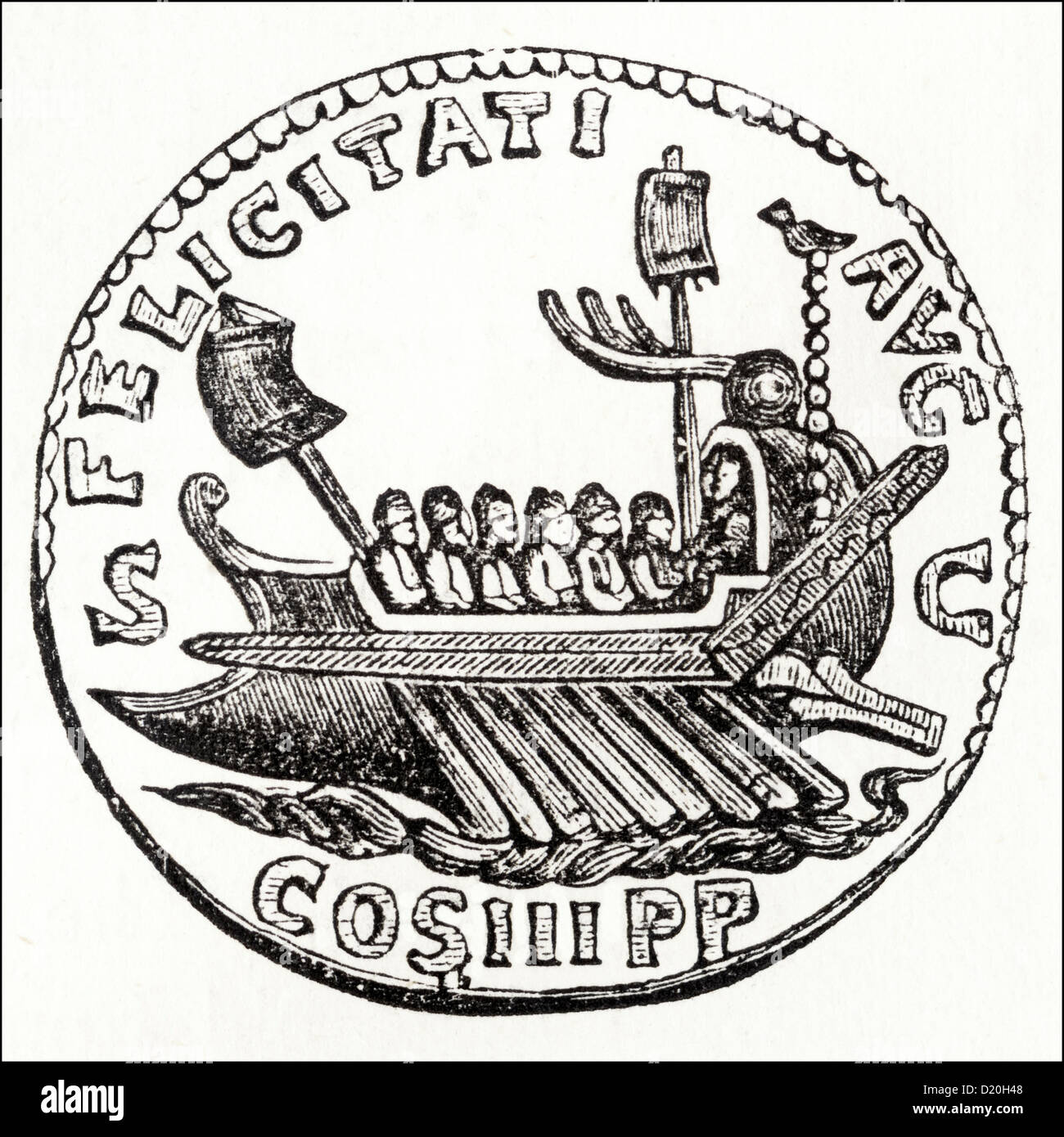 Roman coin with galley bearing inscription FELICITATI AVG S C COS III PP. Victorian woodcut engraving circa 1845 Stock Photo