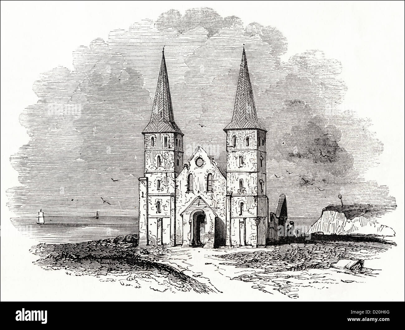 Ruins of the ancient church Reculver Kent England UK. Victorian woodcut engraving circa 1845. Stock Photo