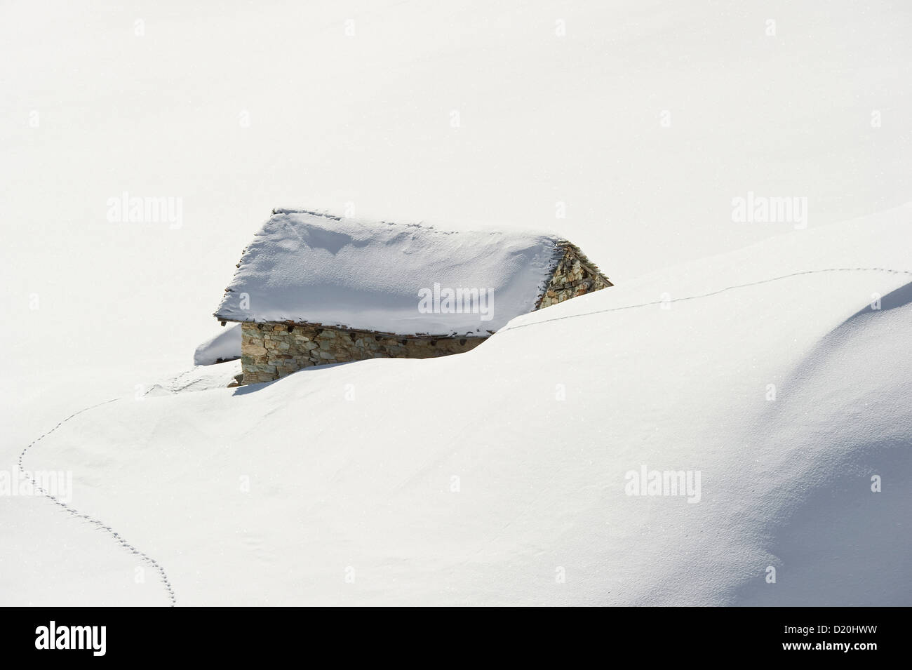 Snowy mountain hut, Tignes, Val d Isere, Savoie department, Rhone-Alpes, France Stock Photo