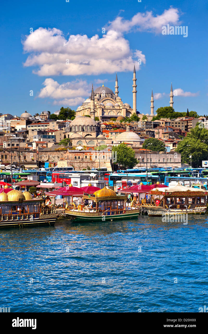 The Suleymaniye Mosque  on the Third Hill with a ferries on the banks of the Golden Horn, Istanbul Turkey Stock Photo