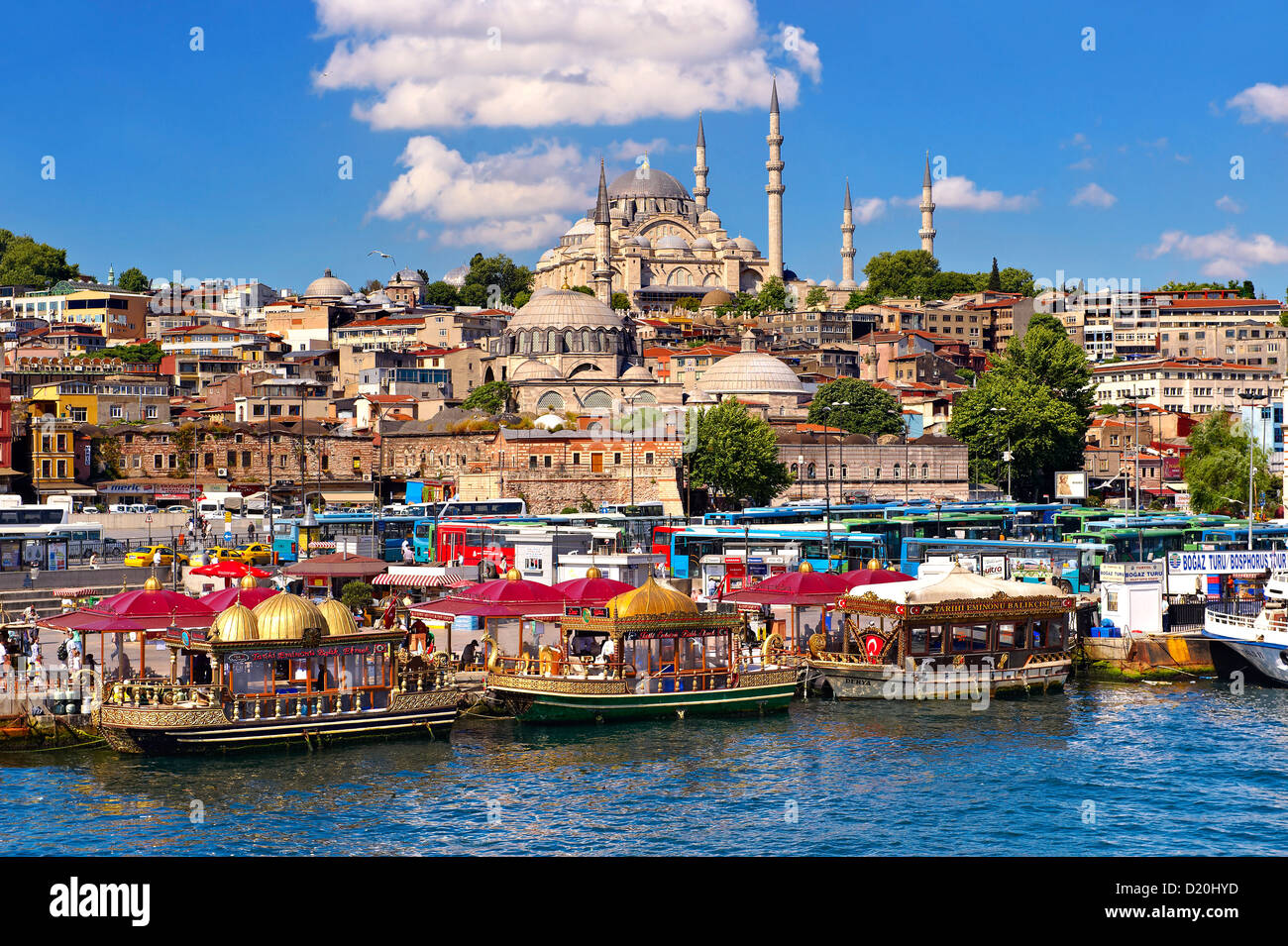The Suleymaniye Mosque  on the Third Hill with a ferries on the banks of the Golden Horn, Istanbul Turkey Stock Photo