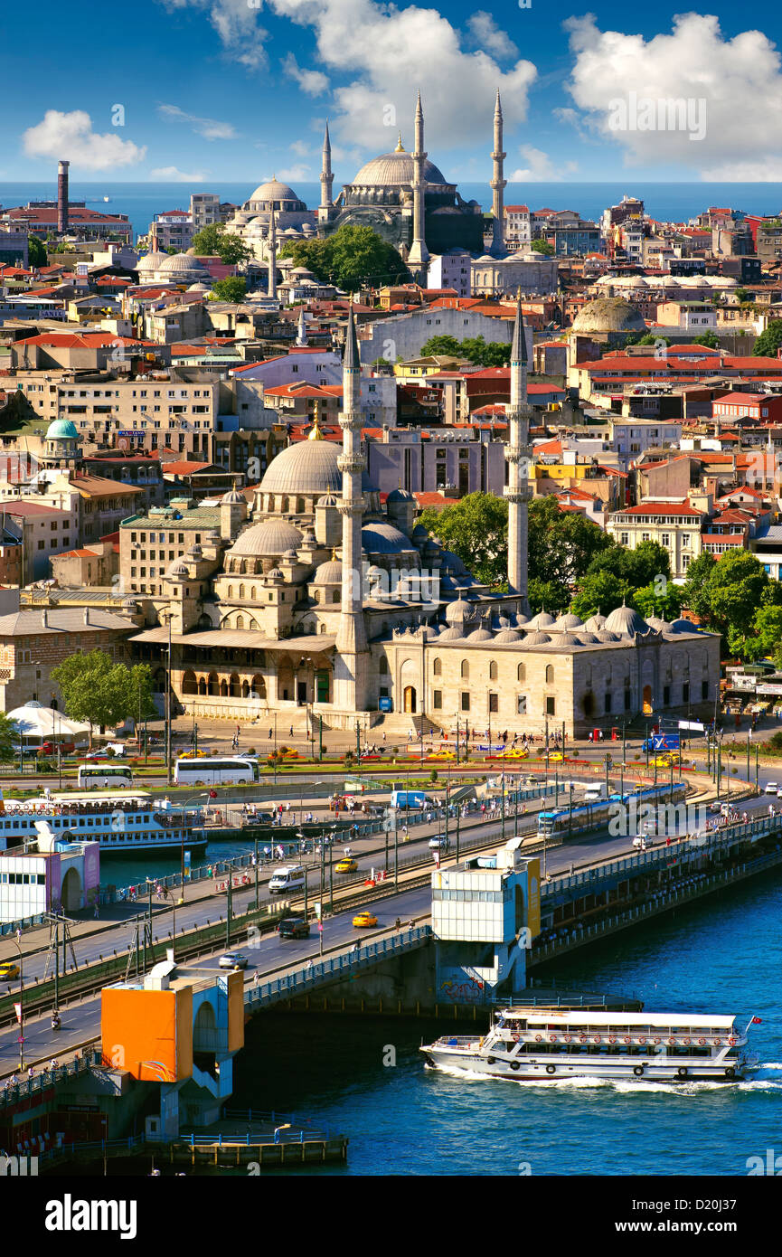 The Yeni Camii, The New Mosque or Mosque of the Valide Sultan , the Golden Horn and the Galata bridge, Istanbul Turkey. Stock Photo