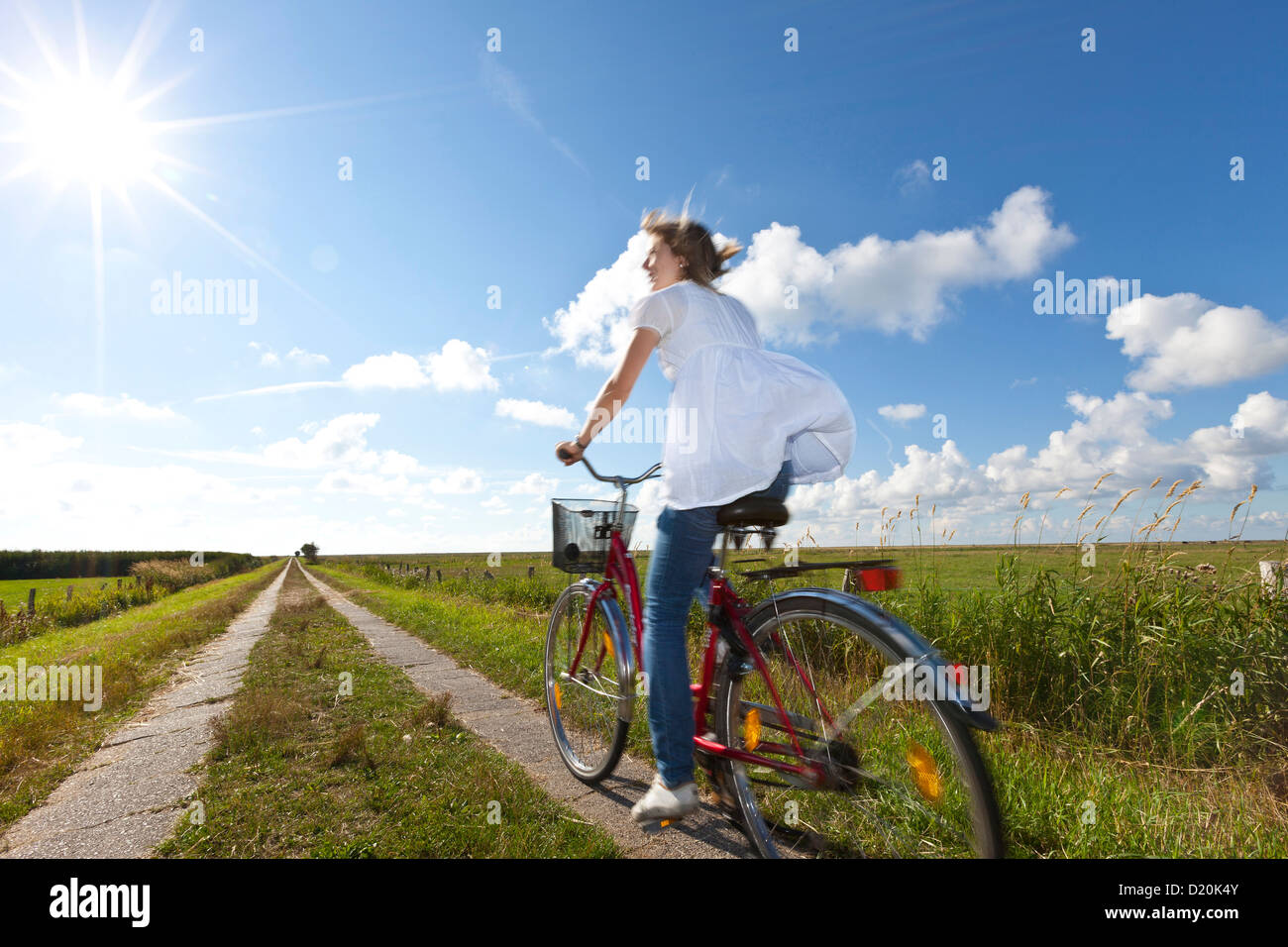 Young woman on bicycle in salt march, Wadden lands, North Sea coast, Lower Saxony, Germany, Europe Stock Photo