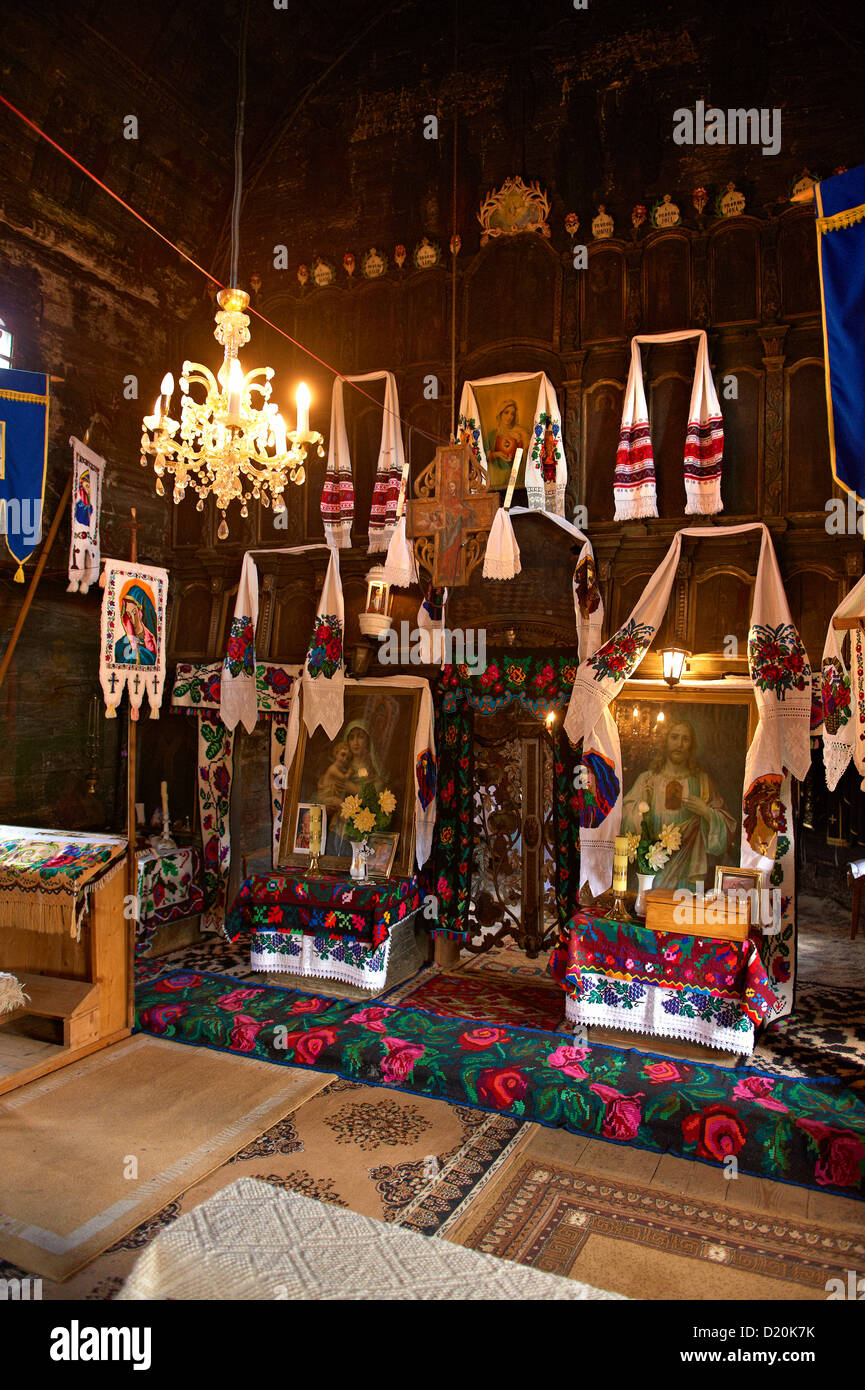 Interior of the Greco Catholic Wooden Church of Adormirea Maiccii Domnului, Maramures, Northern Transylvania, Romania, Stock Photo