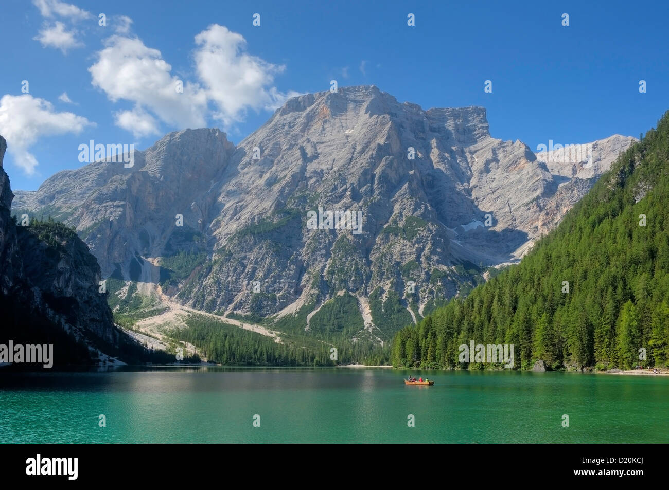 Lake Pragser Wildsee in the sunlight, Dolomites, South Tyrol, Italy