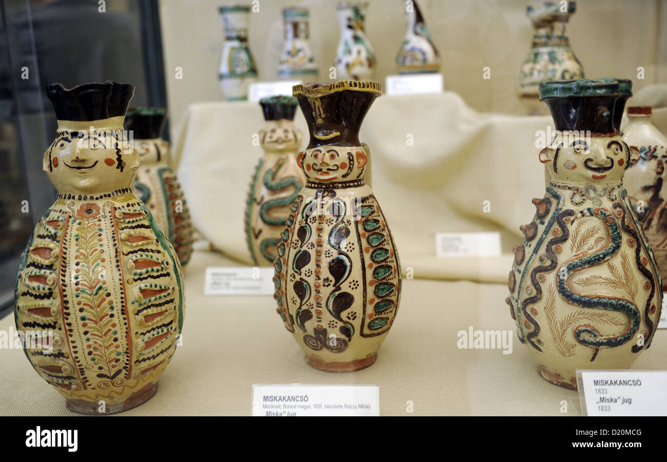 Miska jug. From left to right: 1828, 1855 and 1833. Mezocsat, Borsod county. Ethnographic Museum. Budapest. Hungary. Stock Photo