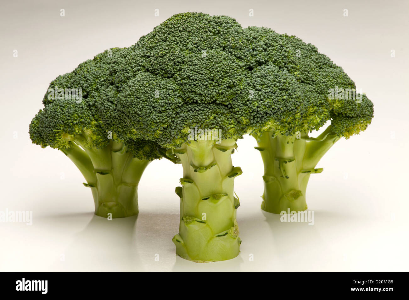 three stems of broccoli on white background or green vegetable Stock Photo