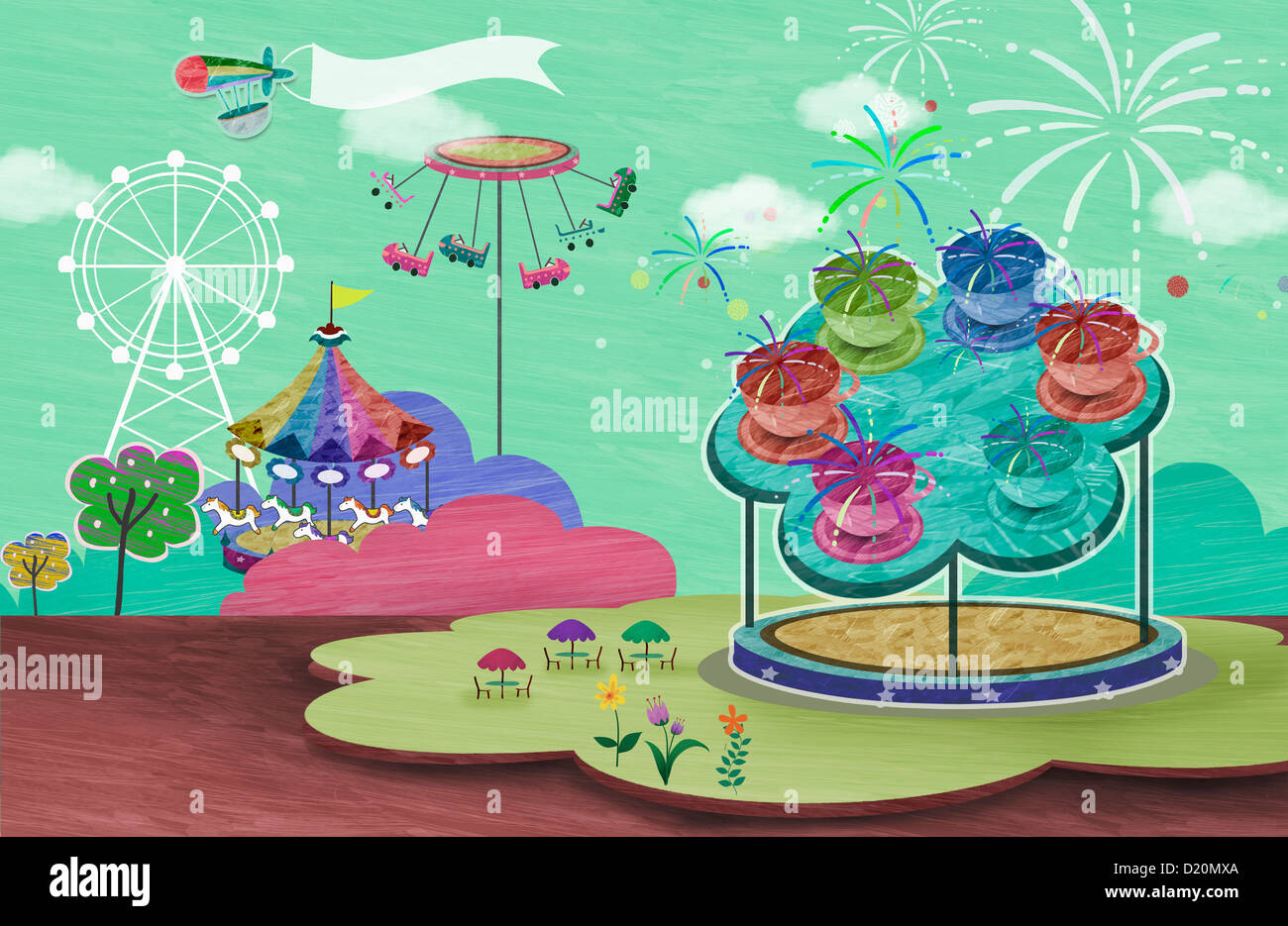 illustration of tea cup ride in an amusement park Stock Photo Alamy