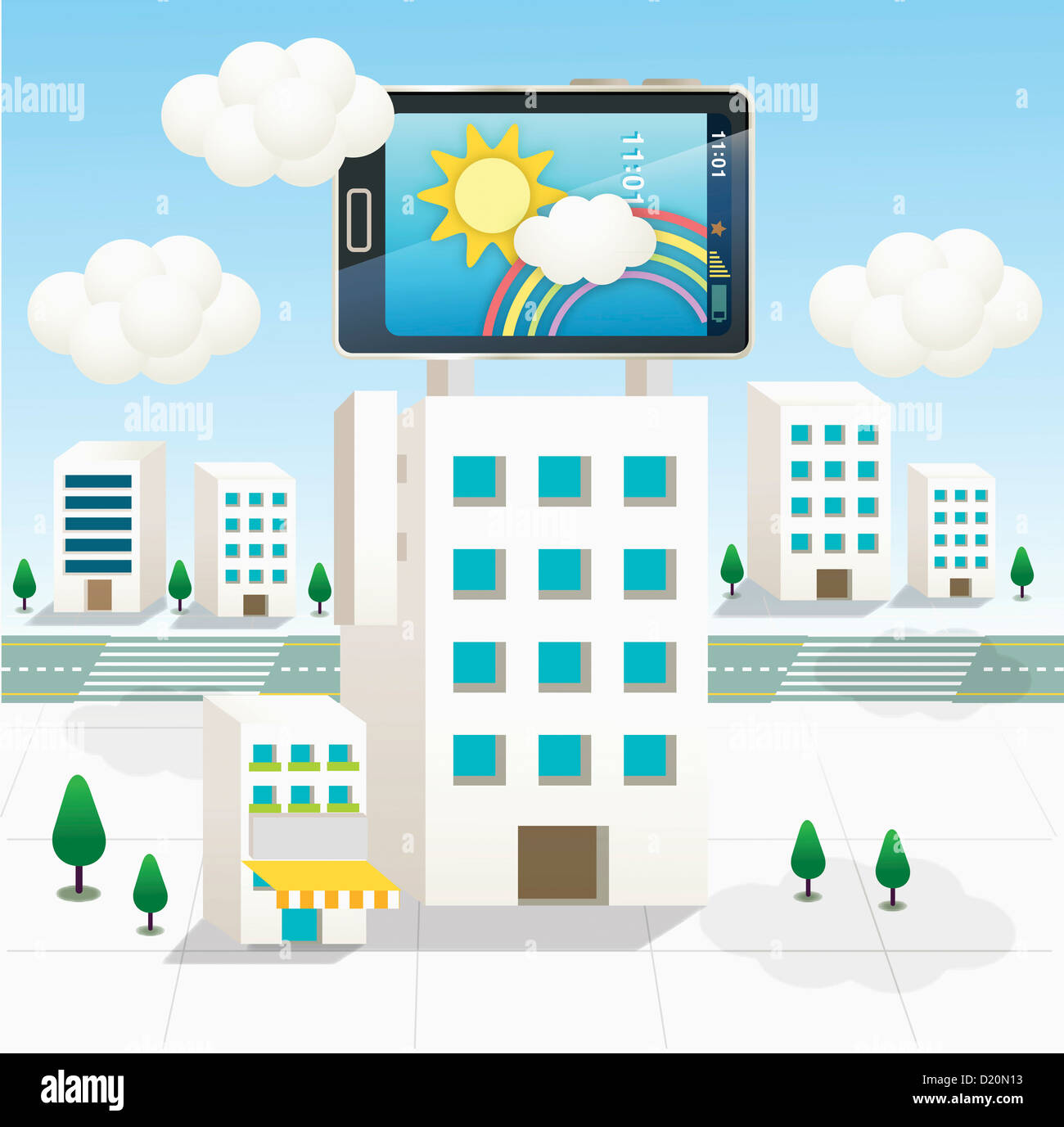 illustration of a mobile phone on top of a building Stock Photo - Alamy