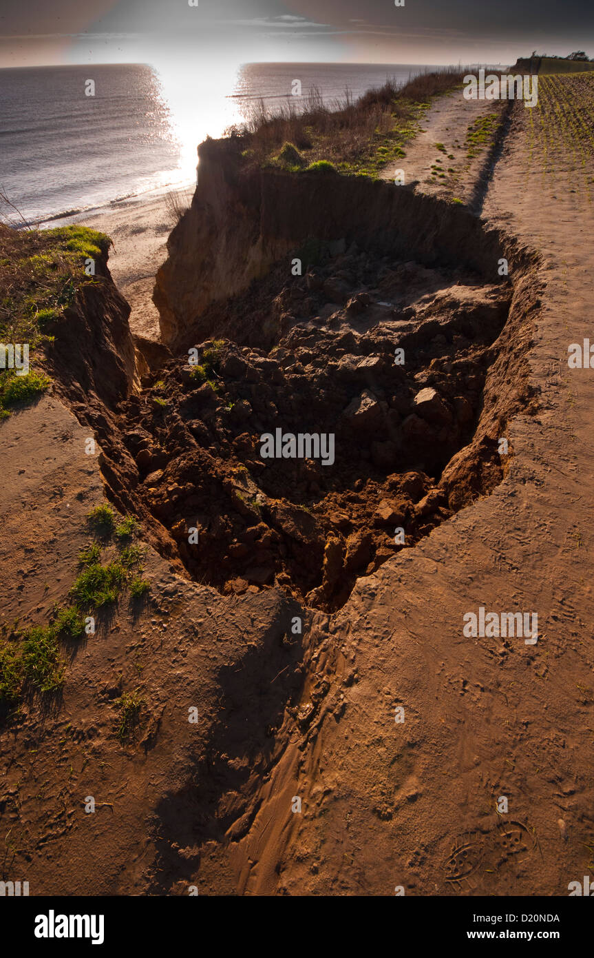 hole land slip coastal erosion of Covehithe cliff Suffolk Coast Path