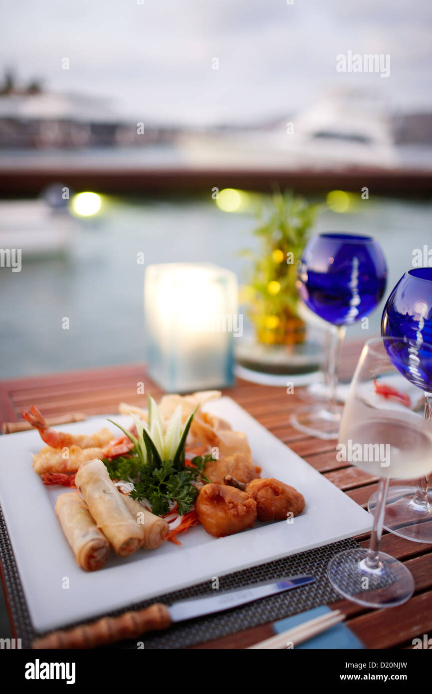 Dinner in a hotel restaurant, Elounda, Agios Nikolaos, Crete, Greece Stock Photo