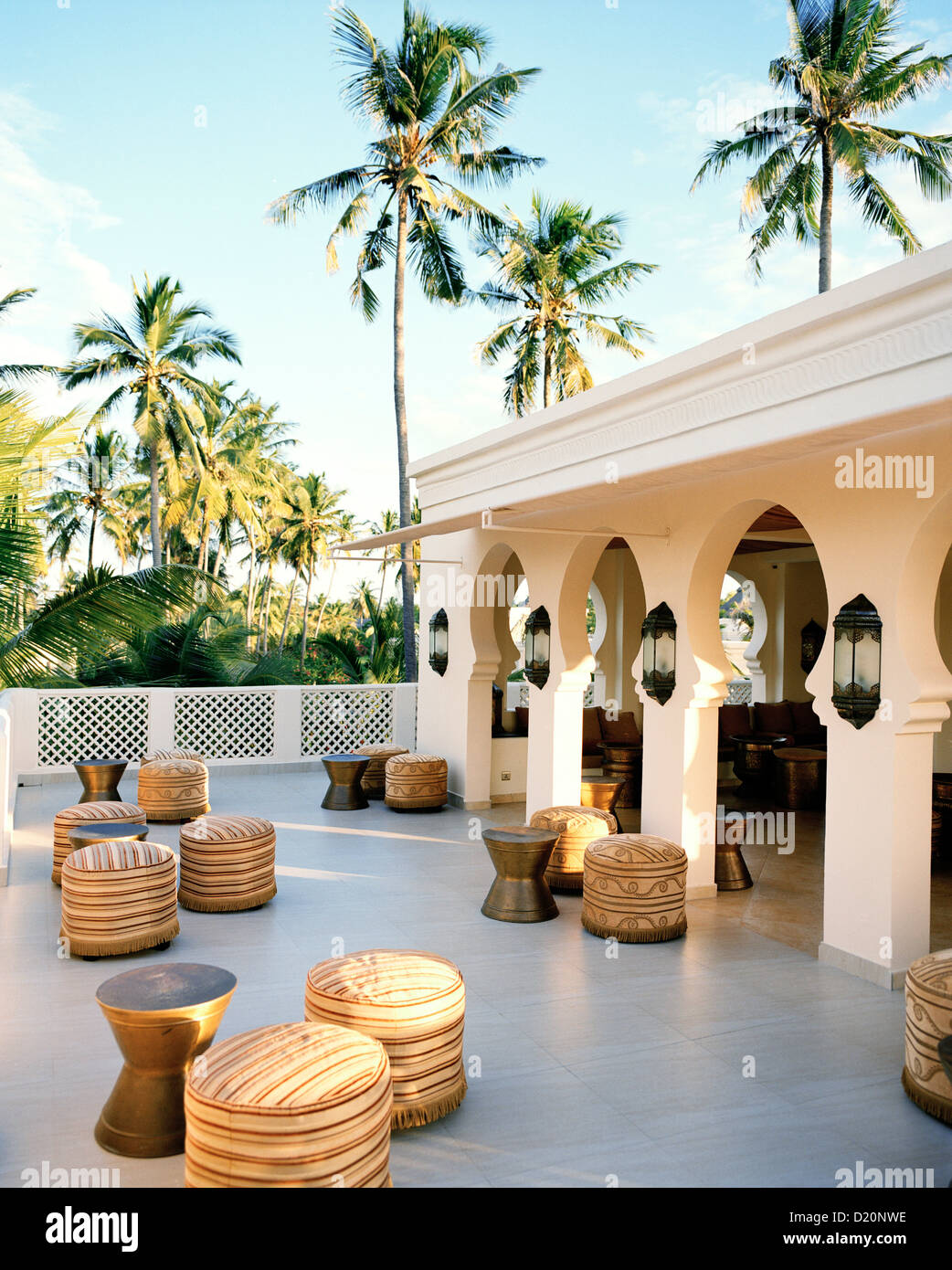 Bar under palm trees, Baraza Spa and Resort, Bwejuu, East Coast, Zanzibar, Tanzania, East Africa Stock Photo