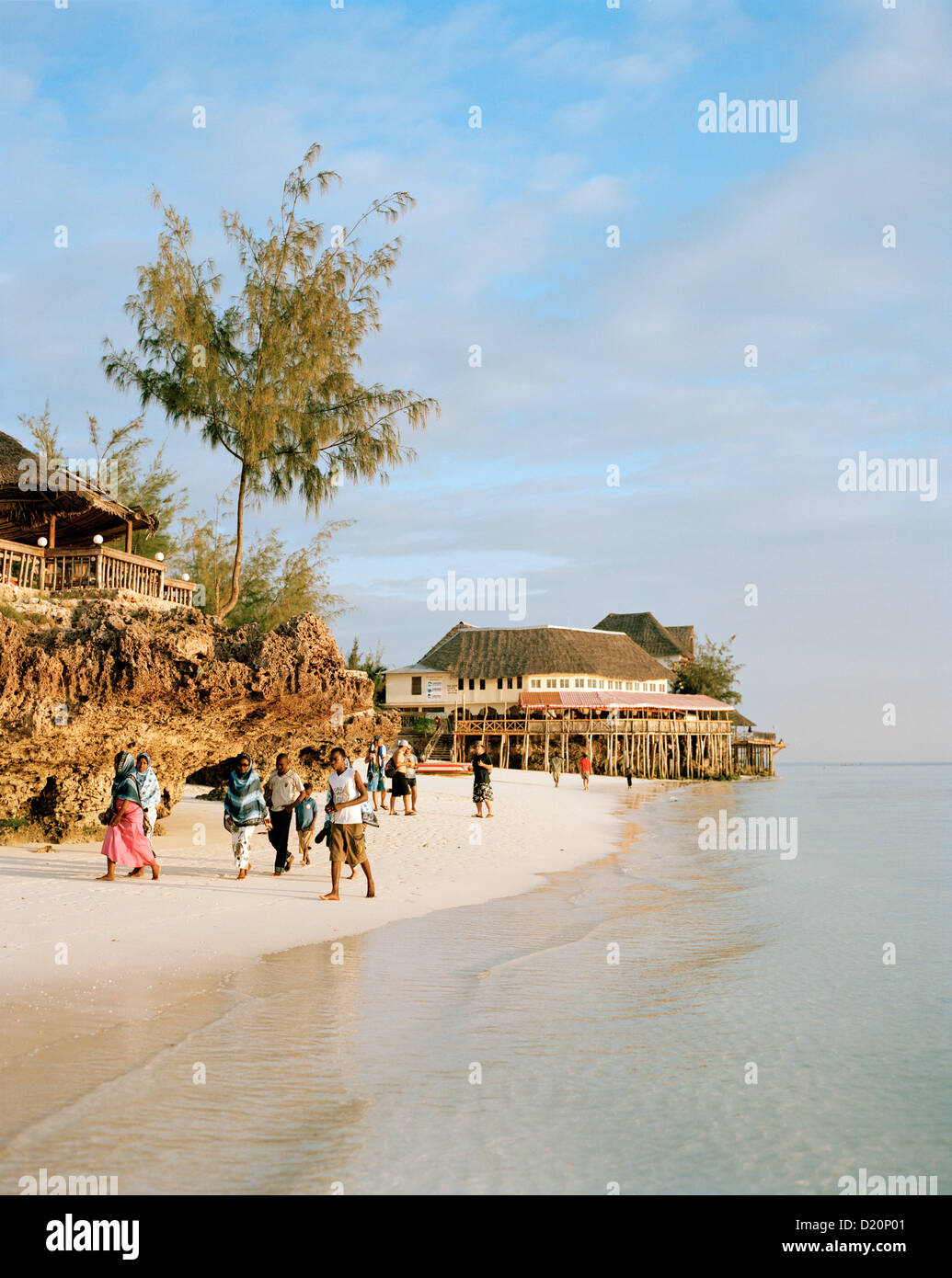 Nungwi village beach, westside with restaurants on stilts, Bakaras Resort, Zanzibar, Tanzania, East Africa Stock Photo