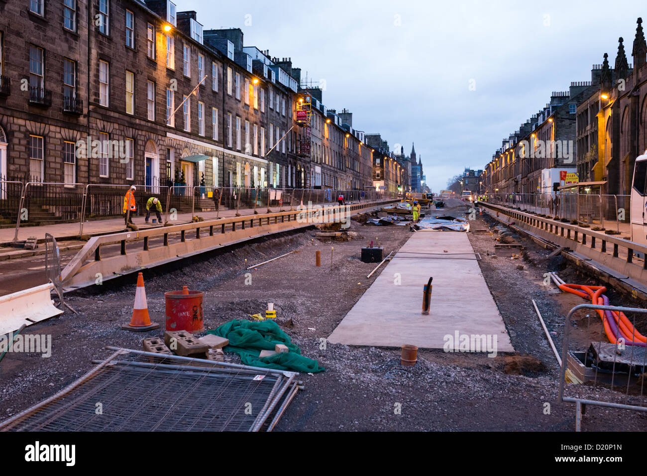 Edinburgh, midwinter - work continues on the new tram system. Queen Street. Stock Photo