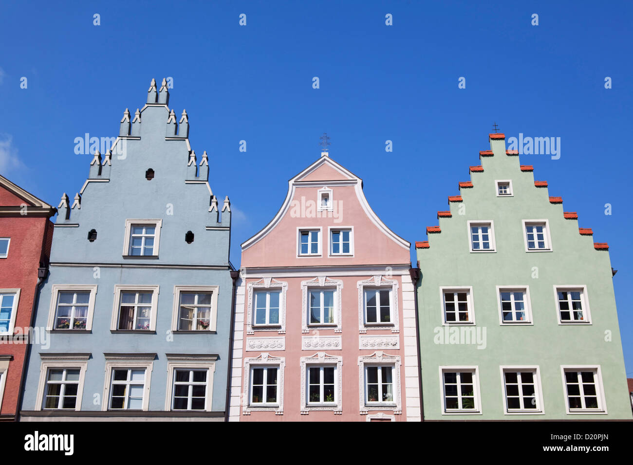 Historic facades along Neustadt Lane, Landshut, Lower Bavaria, Bavaria, Germany, Europe Stock Photo
