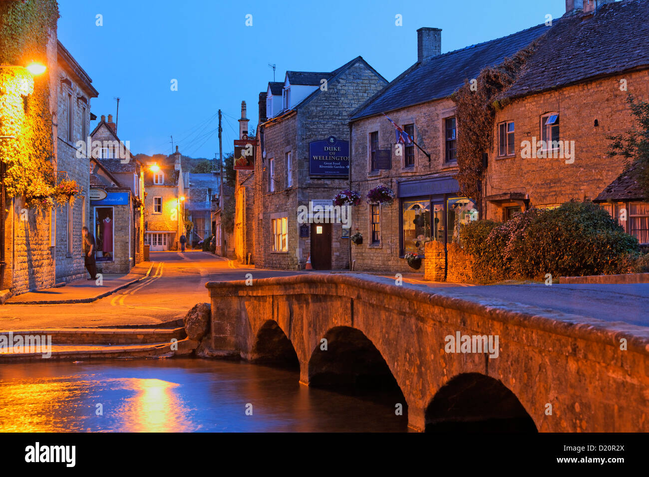 Windrush river in the evening, Bourton-on-the-water, Gloucestershire, Cotswolds, England, Great Britain, Europe Stock Photo