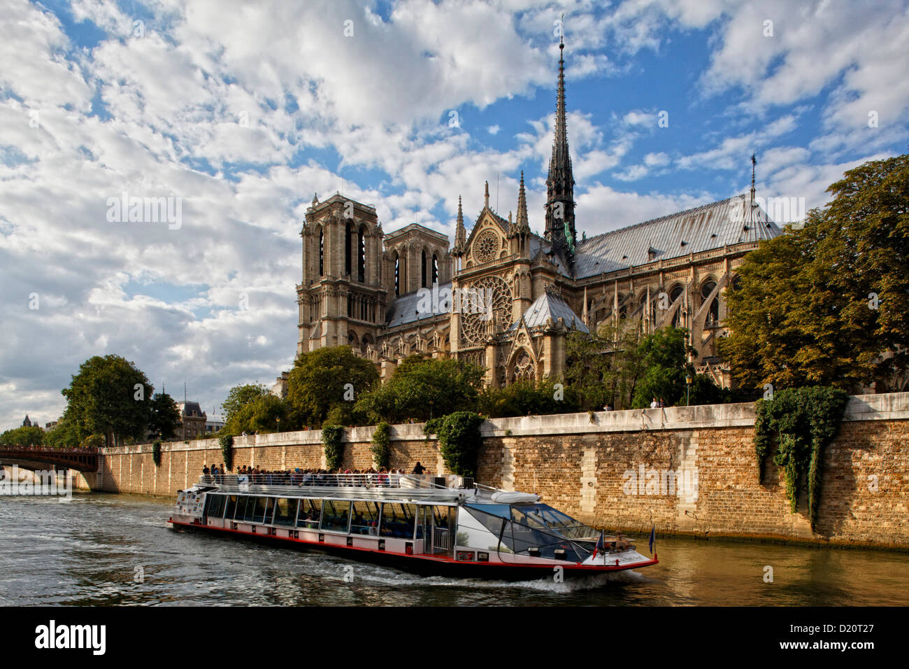 Sightseeing boat on river Seine, Ile de la Cite and Notre Dame, Paris, France, Europe Stock Photo