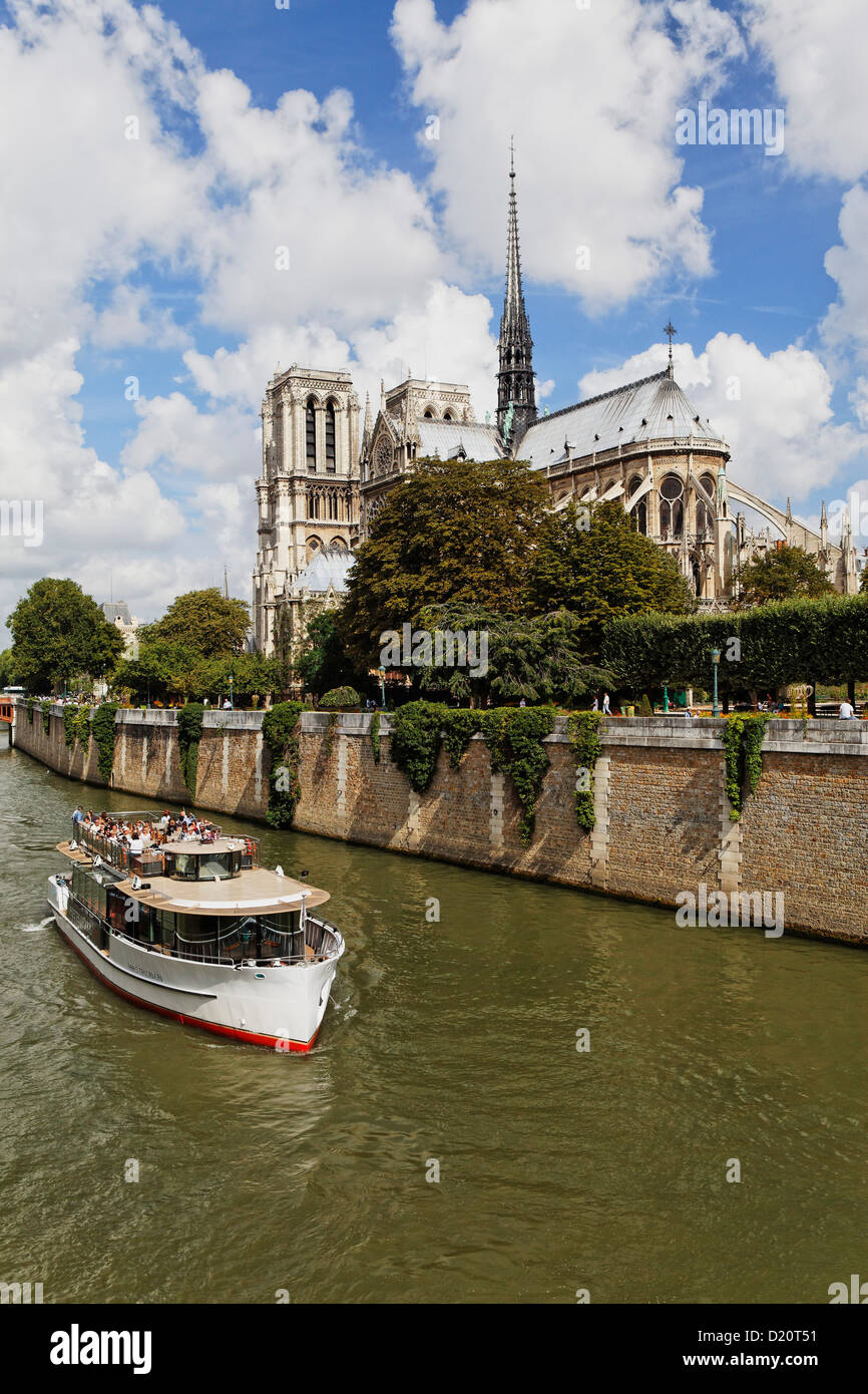 Excursion boat on river Seine, Ile de la Cite and Notre Dame, Paris, France, Europe Stock Photo