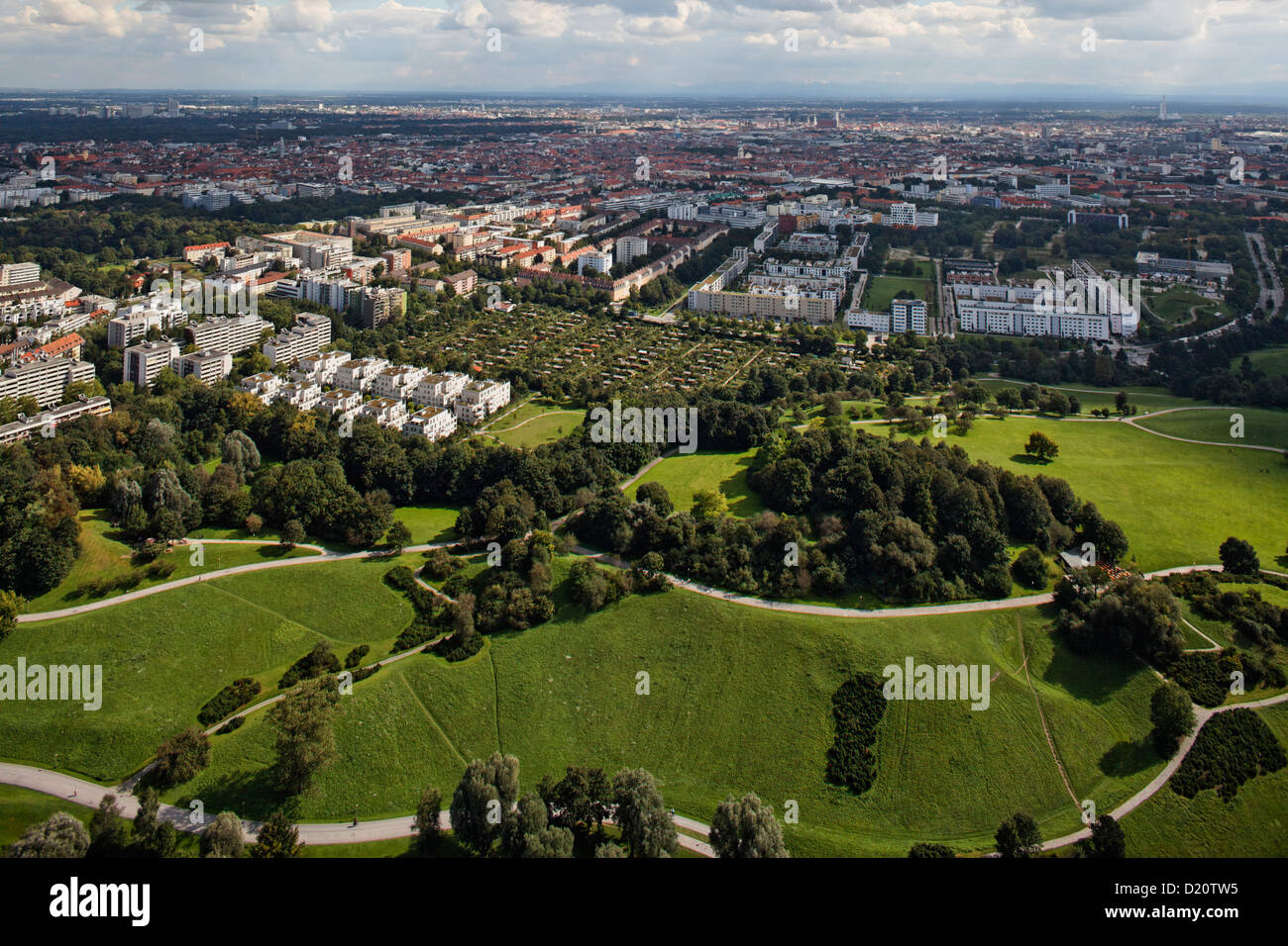 High angle view of the Olympiapark, Park, built for the olympic games in 1972, Munich, Upper Bavaria, Bavaria, Germany, Europe Stock Photo