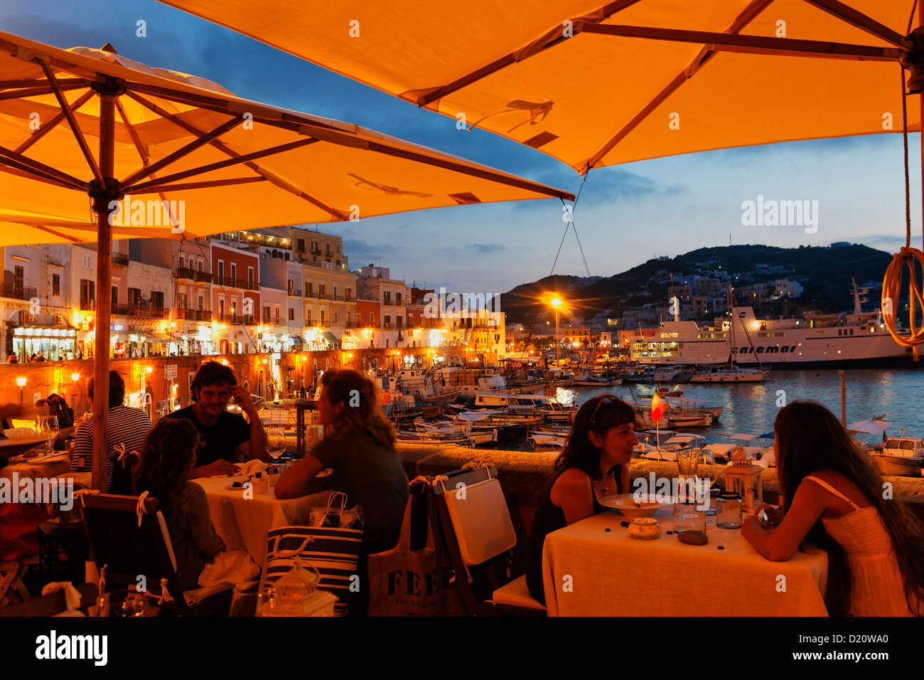 People at the terrace of the restaurant Aqua Pazza, Island of Ponza, Pontine Islands, Lazio, Italy, Europe Stock Photo