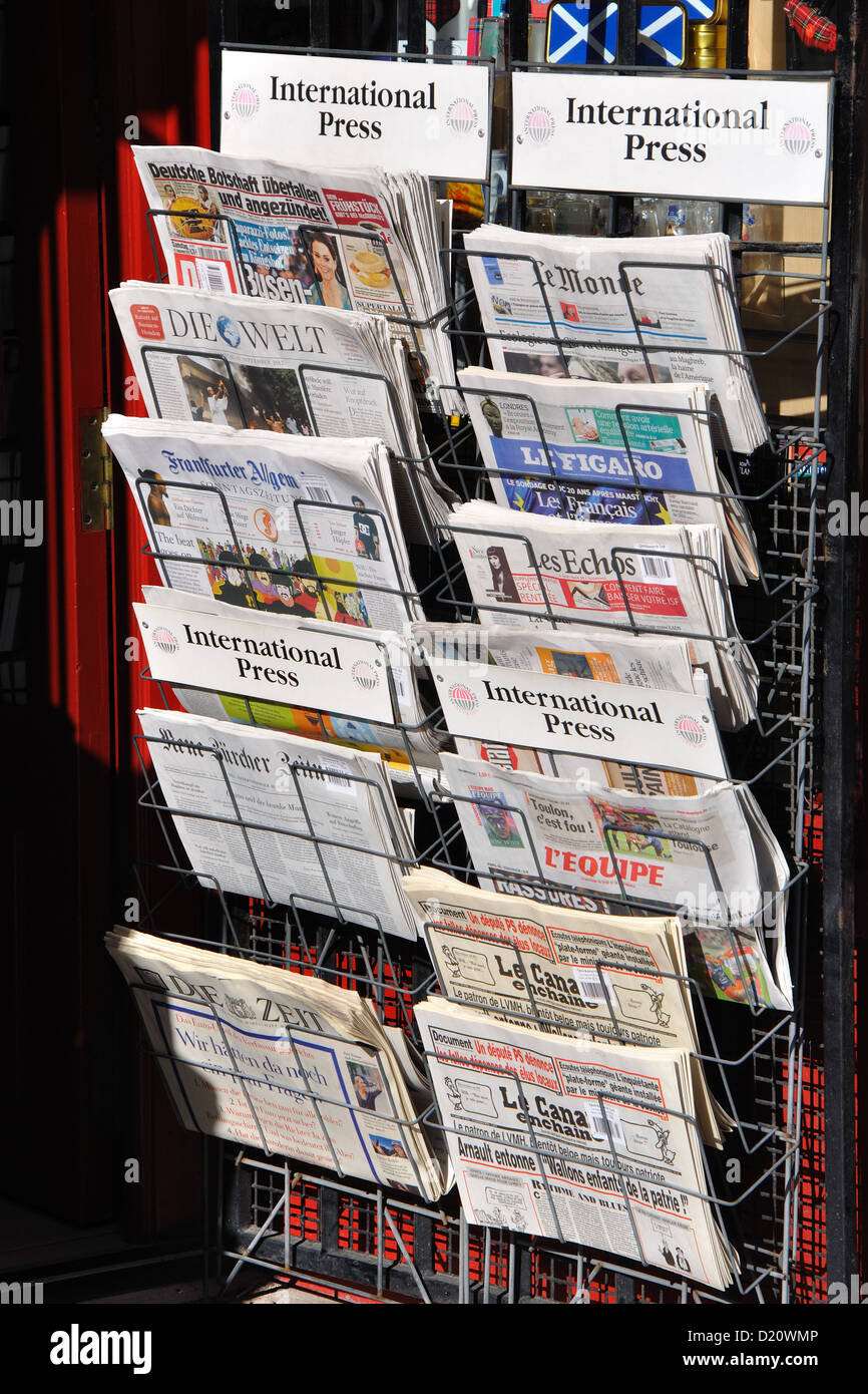 International newspaper stand, Royal Mile, Edinburgh, Scotland, UK Stock Photo