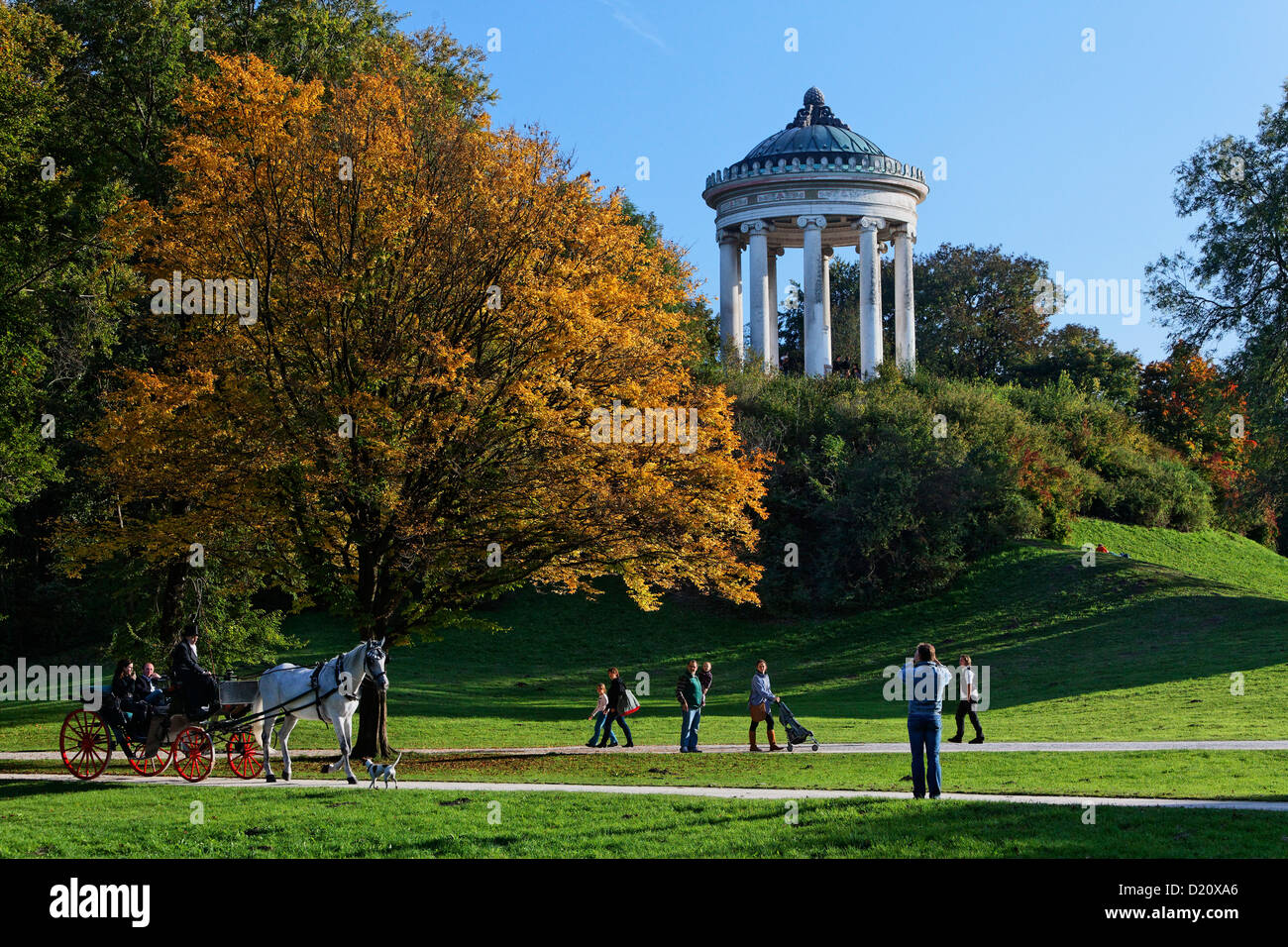View over meadows onto Monopteros temple, Englischer Garten, English Garden, Schwabing, Munich, Upper Bavaria, Bavaria, Germany, Stock Photo