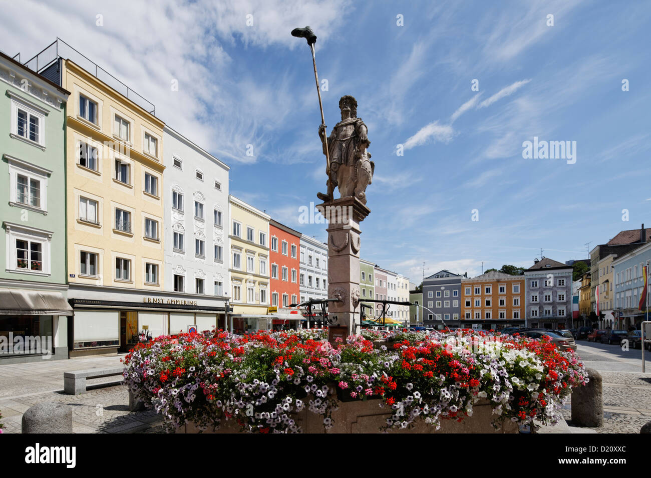 Austria, Upper Austria, Main square in Ried im Innkreis with Dietmar Fountain Stock Photo